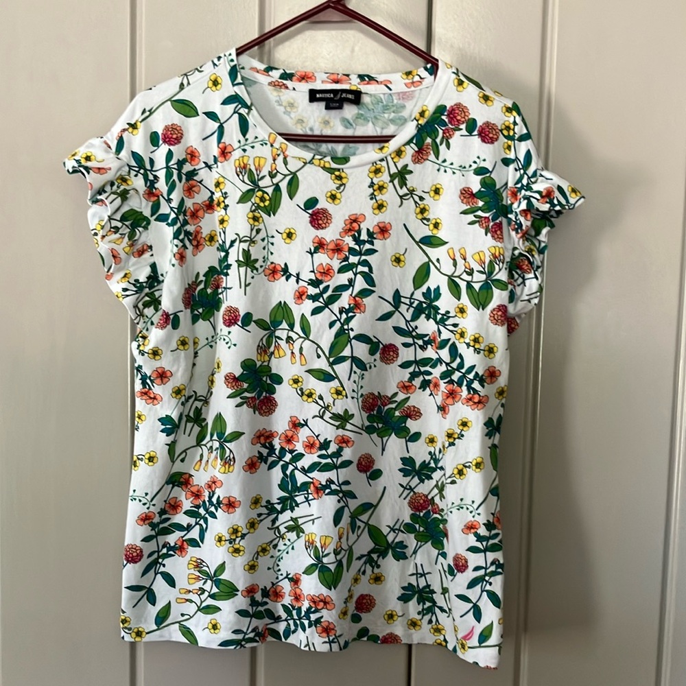 Cream and Orange Flutter Sleeve Blouse with Peter Pan Collar